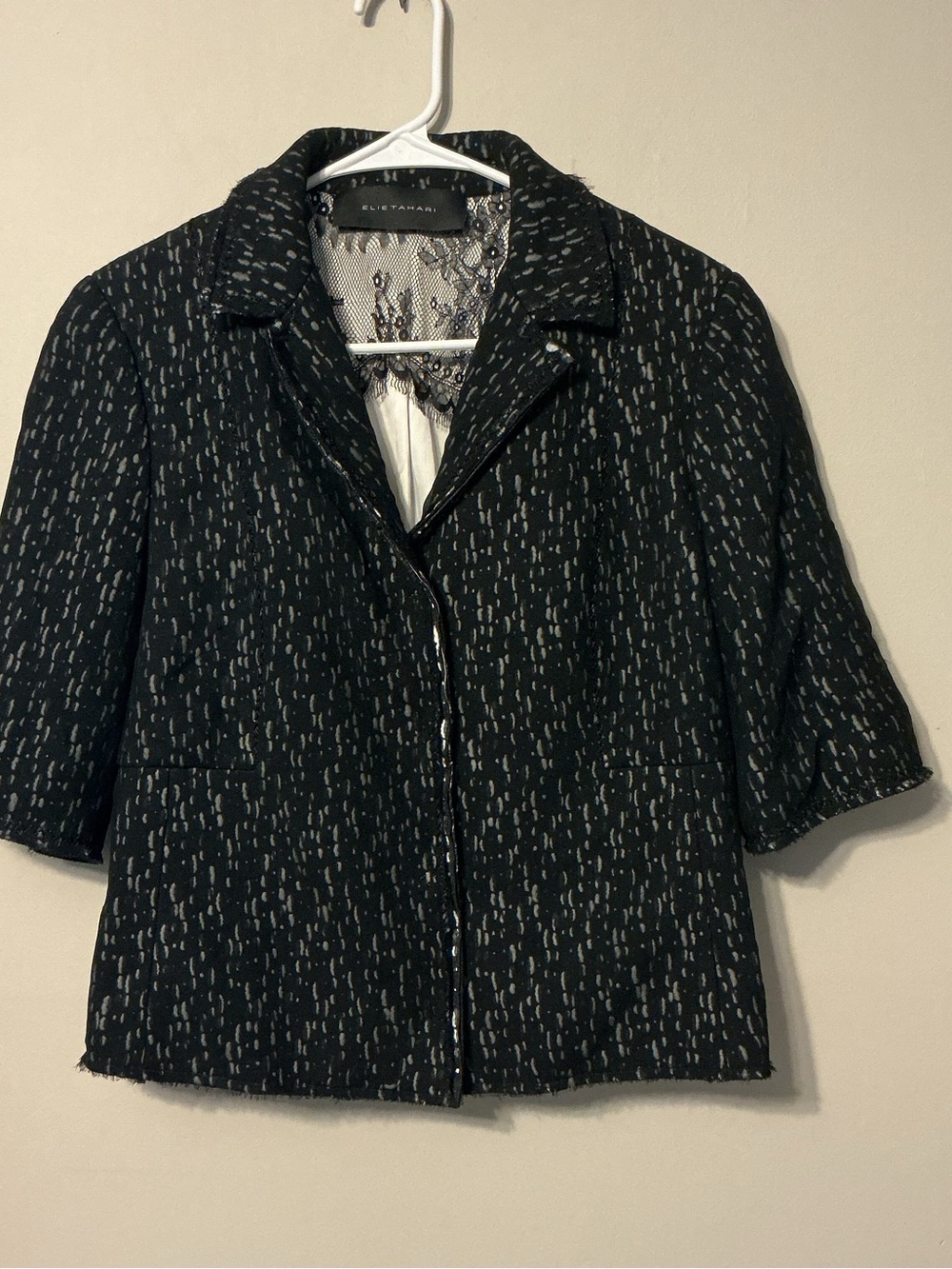 Elie Tahari Black/White Speckled Raw Hem Cropped Jacket
